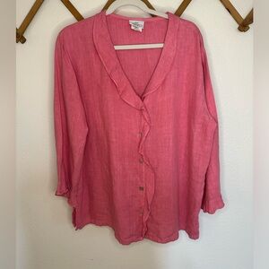 100% Linen Pink Ruffle Button Front Top Made in USA Hot Cotton